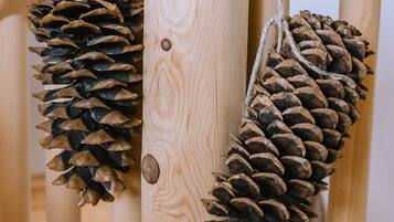 Two pine cones hanging from a wooden structure.