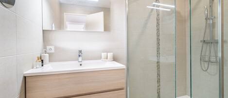 A modern bathroom with a glass-enclosed shower, a white sink with two handles, and a mirror above the vanity.