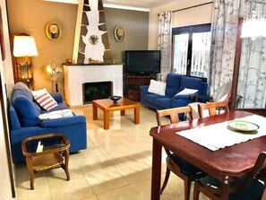 Televisión, chimenea y reproductor de DVD 