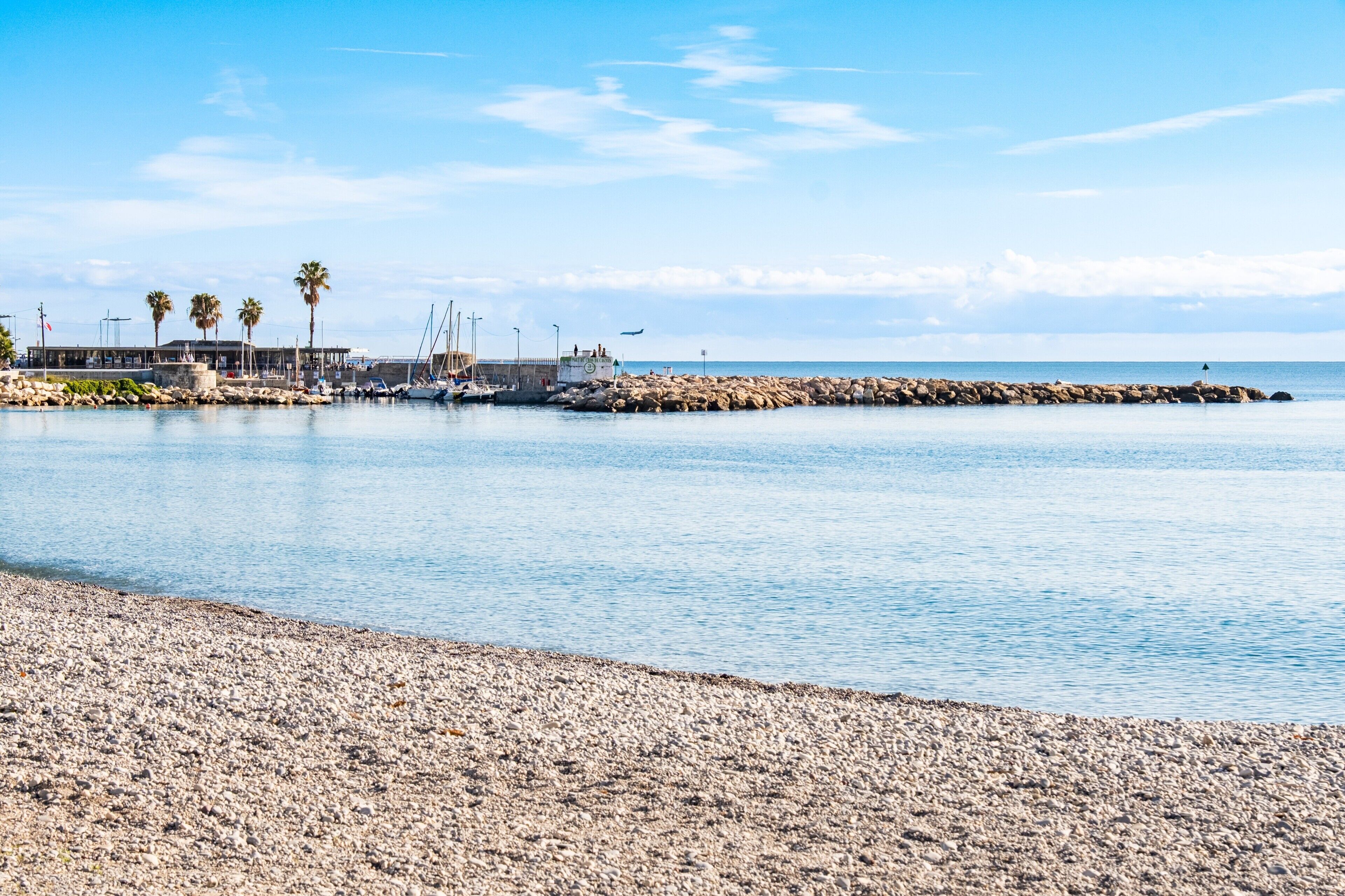 A beach with a rocky breakwater, palm trees, and boats.