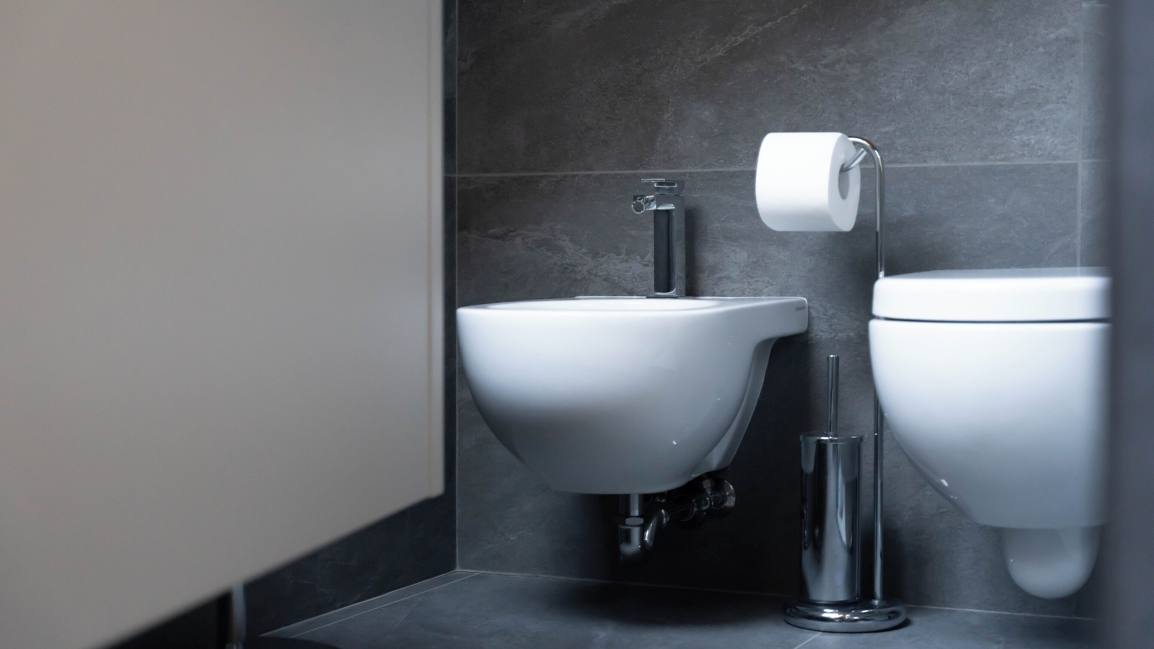 A modern bathroom with a white sink, a toilet, and a roll of toilet paper on a holder.