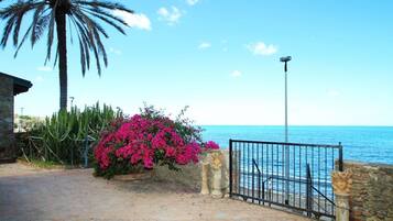 Un camino pavimentado que lleva a una puerta con vista al mar.
