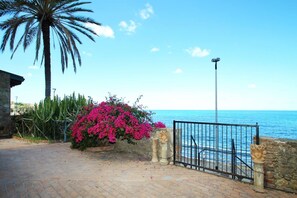 A paved pathway leading to a gate with a view of the sea.
