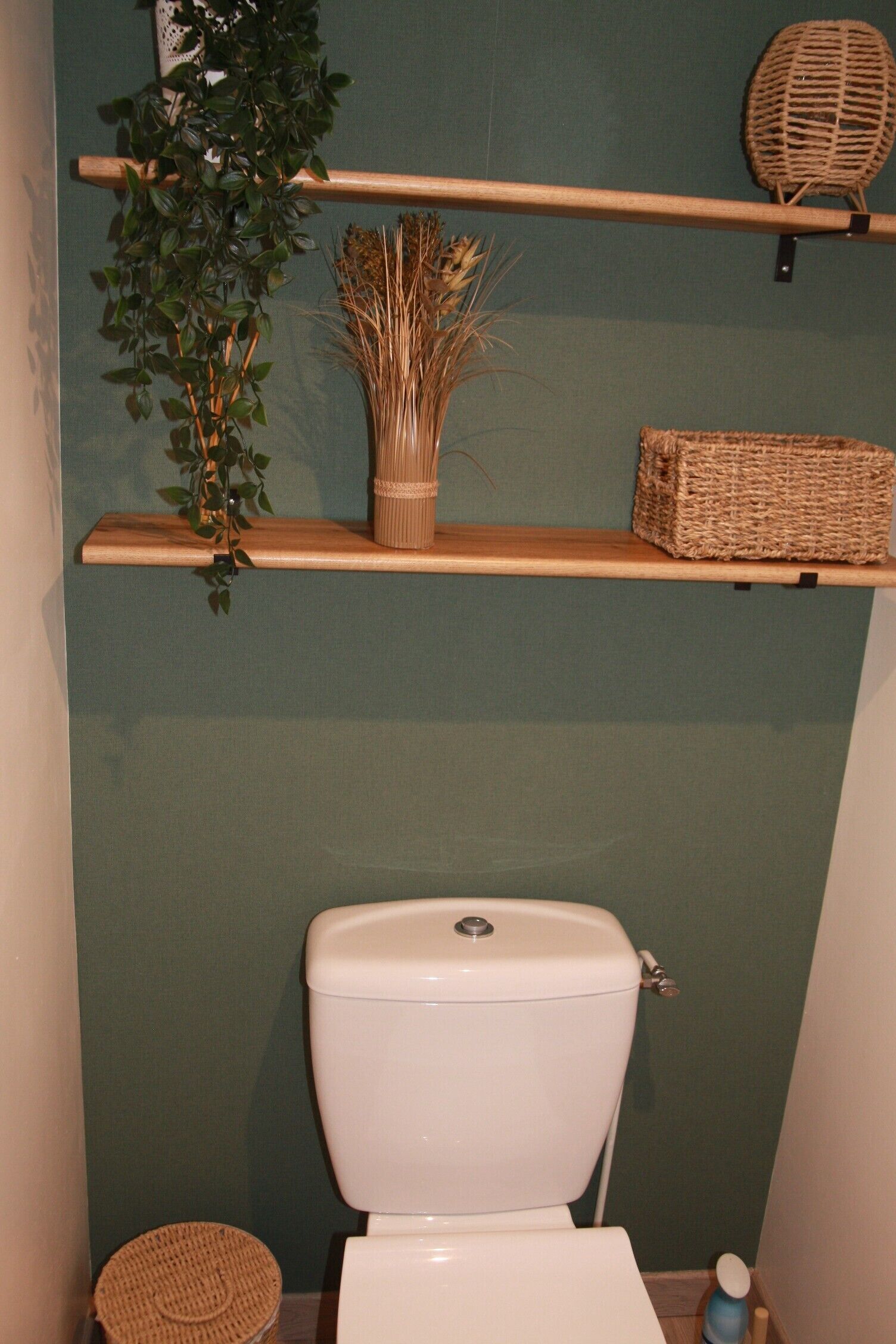 A bathroom with a toilet, a shelf with a plant and a basket, and a woven basket on the floor.