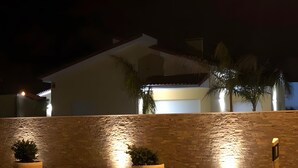 Un edificio moderno con una pared de piedra, dos plantas en macetas y una farola.