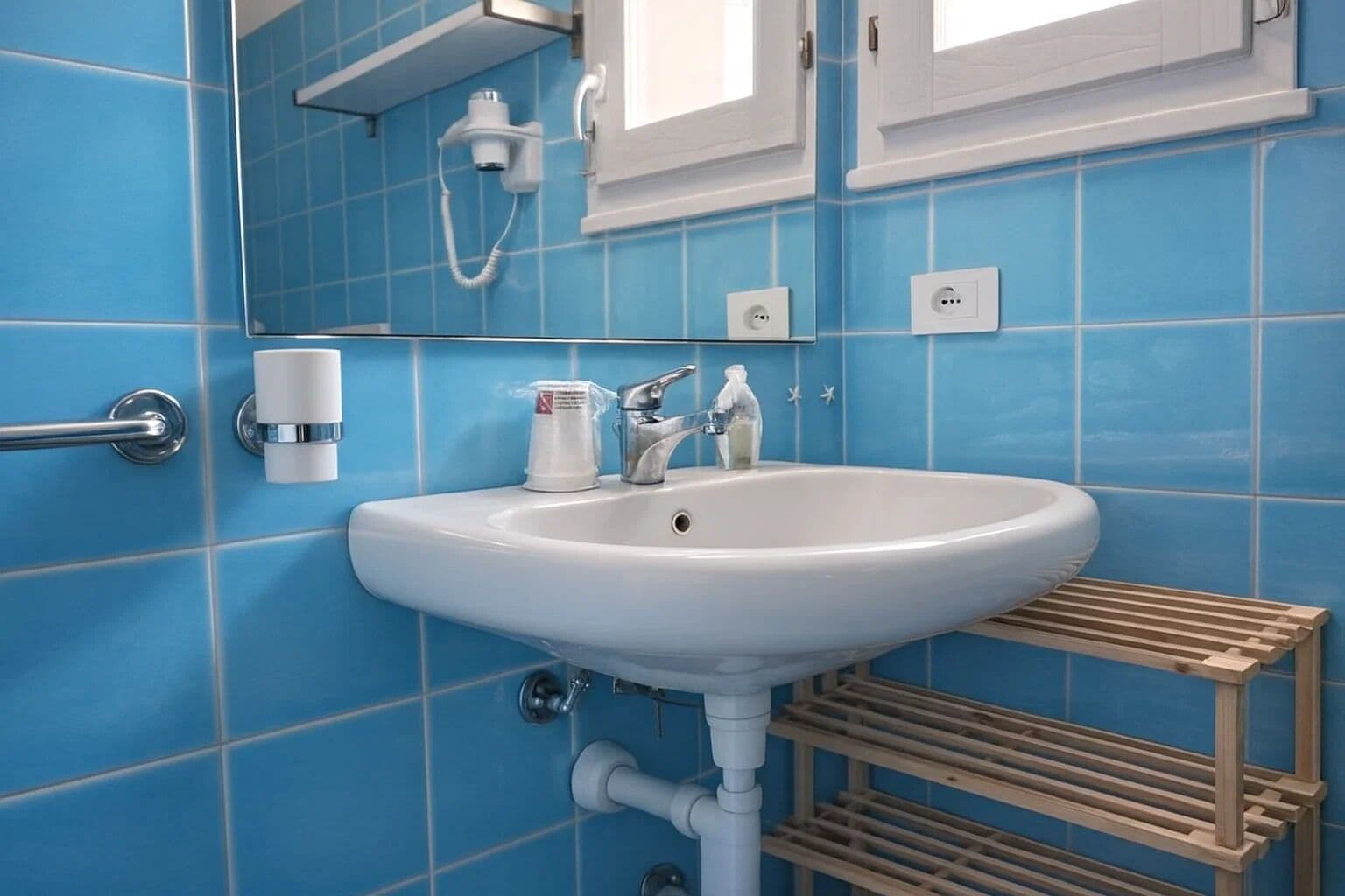 Een haardroger, een bidet, handdoeken, toiletpapier