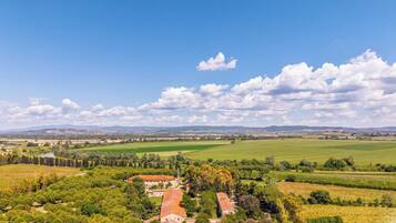 Paisaje rural con campos, árboles y algunos edificios.