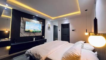 Desk, laptop workspace, blackout drapes, soundproofing