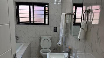 Haartrockner, Handtücher, Seife, Toilettenpapier