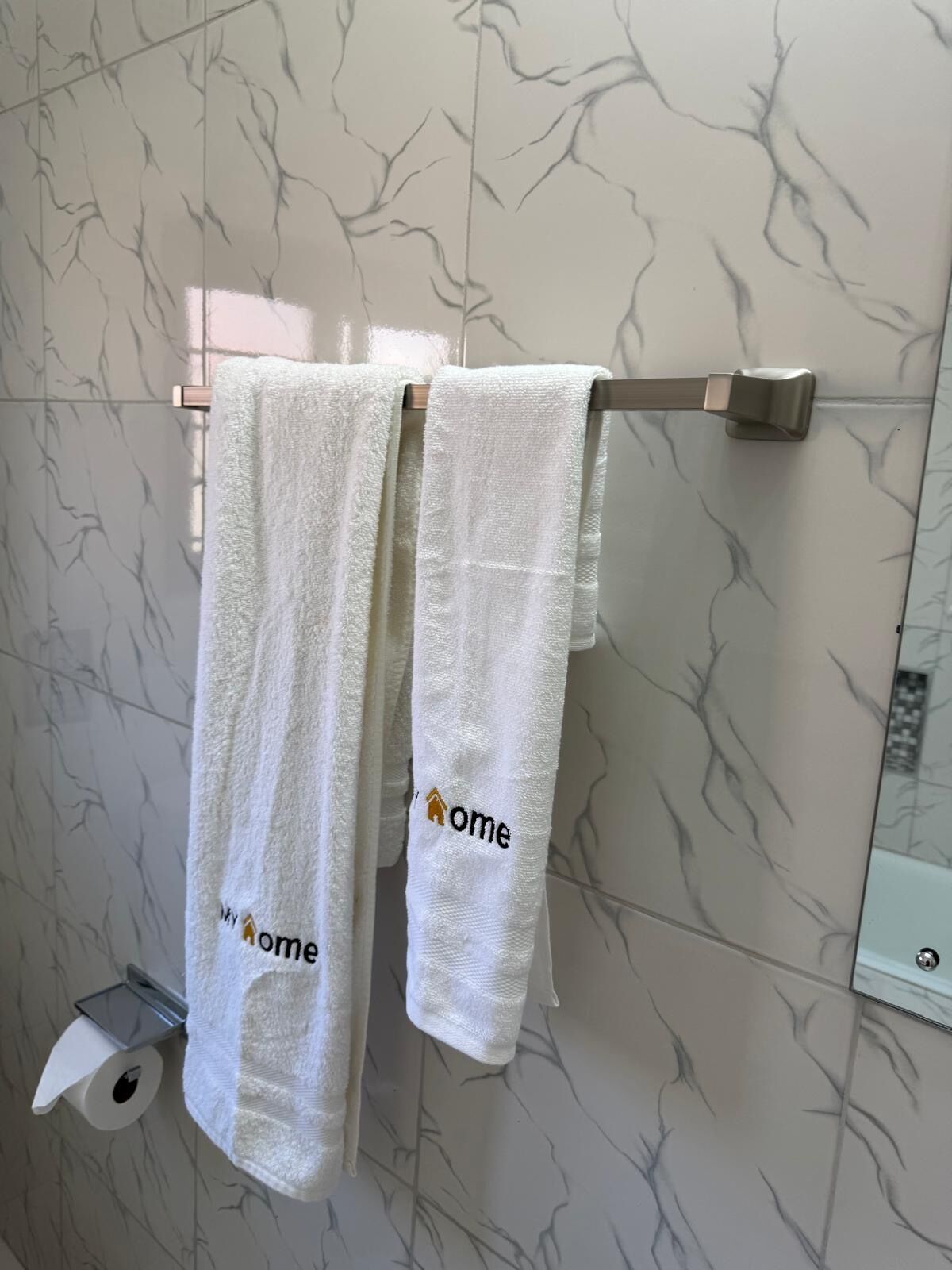 Hair dryer, towels, soap, toilet paper