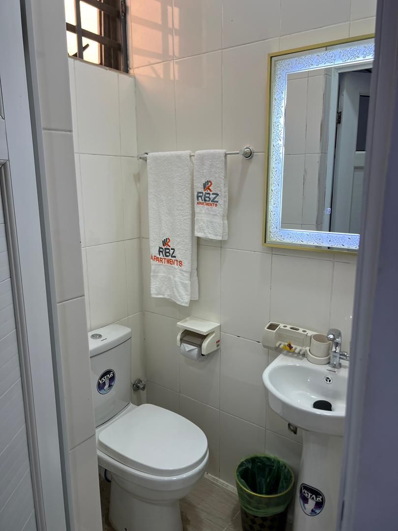A bathroom with a toilet, a sink, and a mirror. There are two towels hanging on the wall, one with the logo "RBZ Apartments".