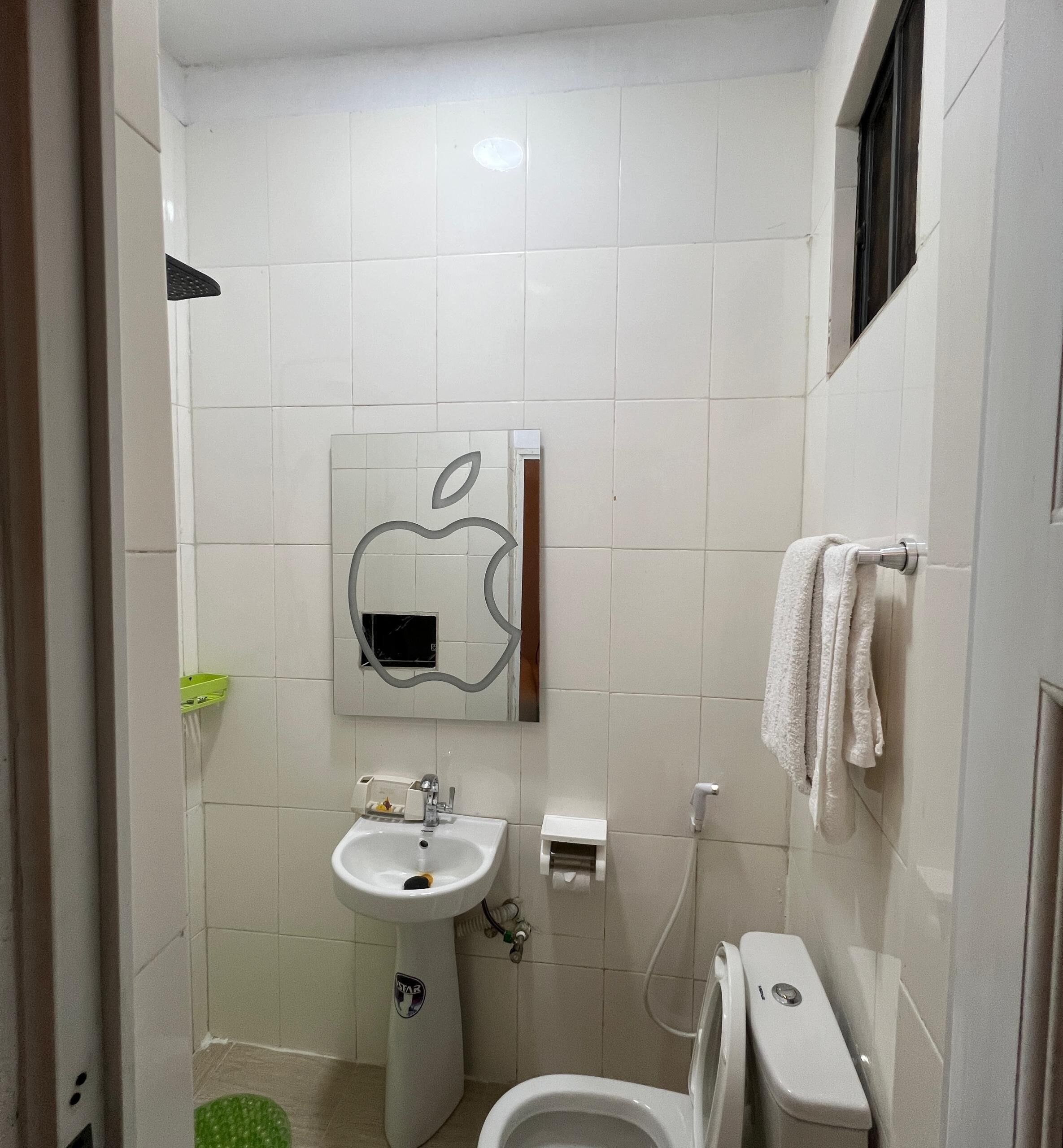 A small, compact bathroom with a white sink, a toilet, and a mirror with an apple logo.