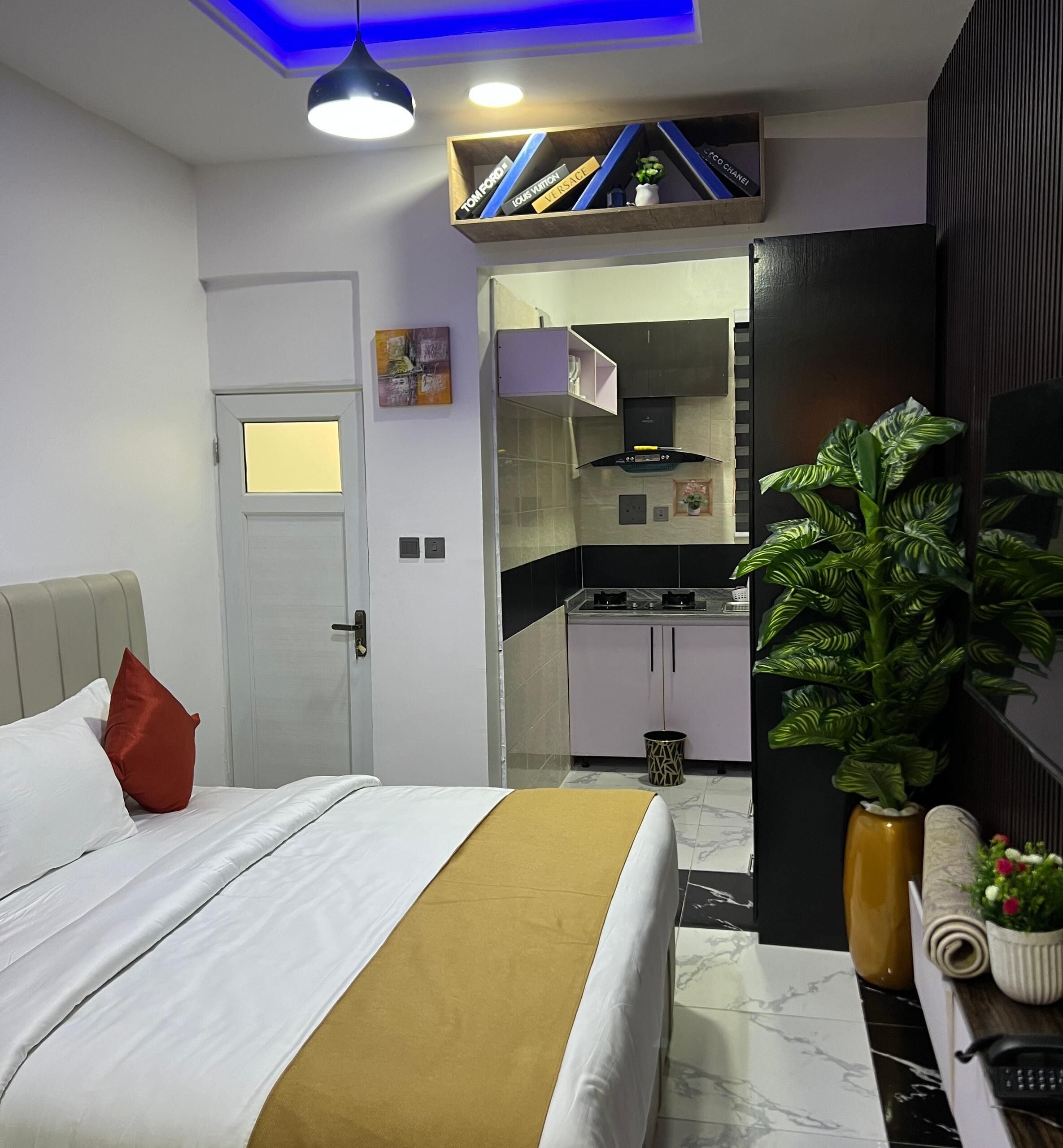 A modern bedroom with a bed, a bedside table, a potted plant, and a view into a kitchen area.