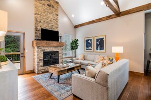 Smart TV, fireplace, video games, DVD player