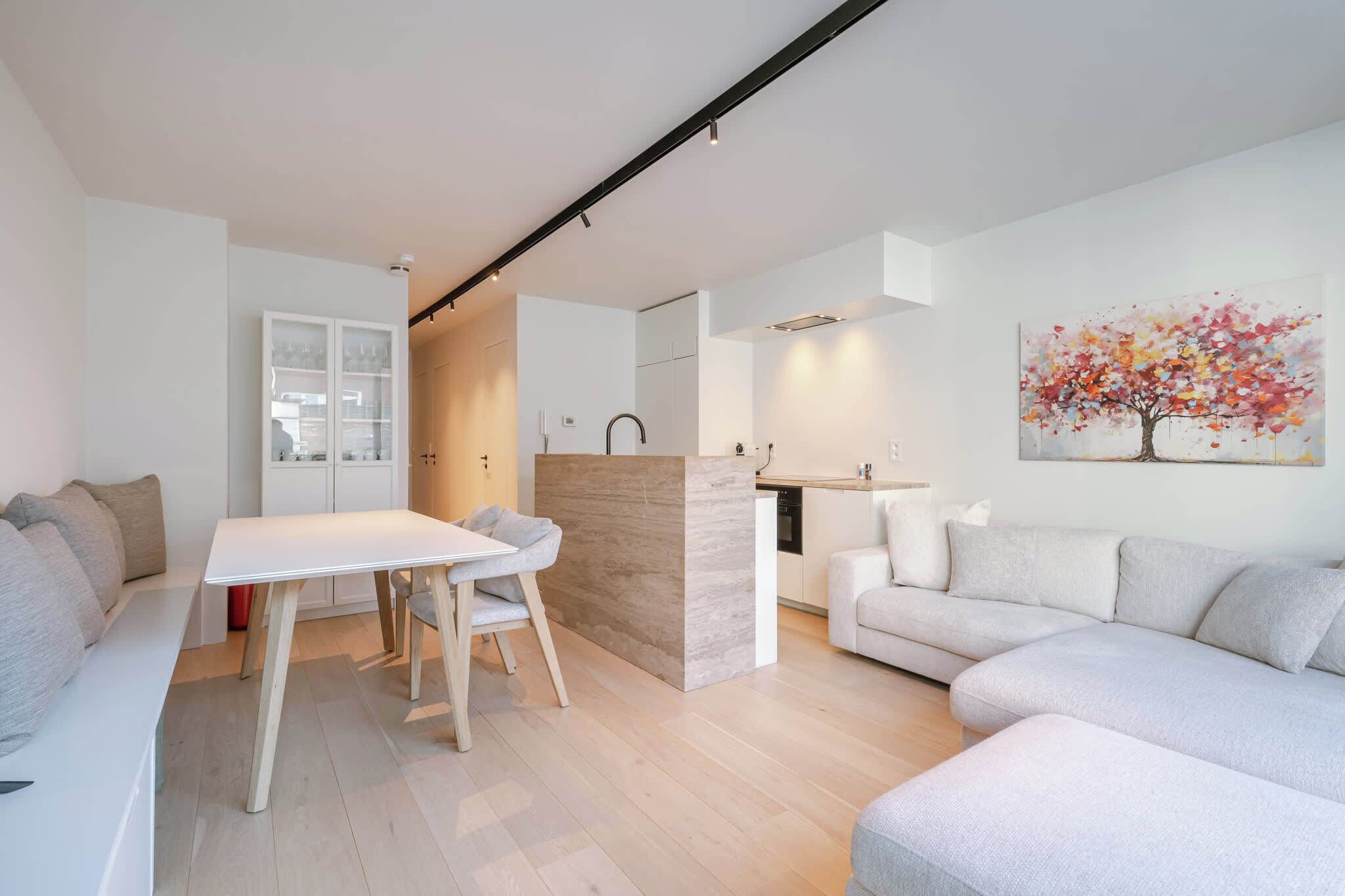 Bright, modern open-plan apartment with a fully equipped kitchen, and cozy living area. 