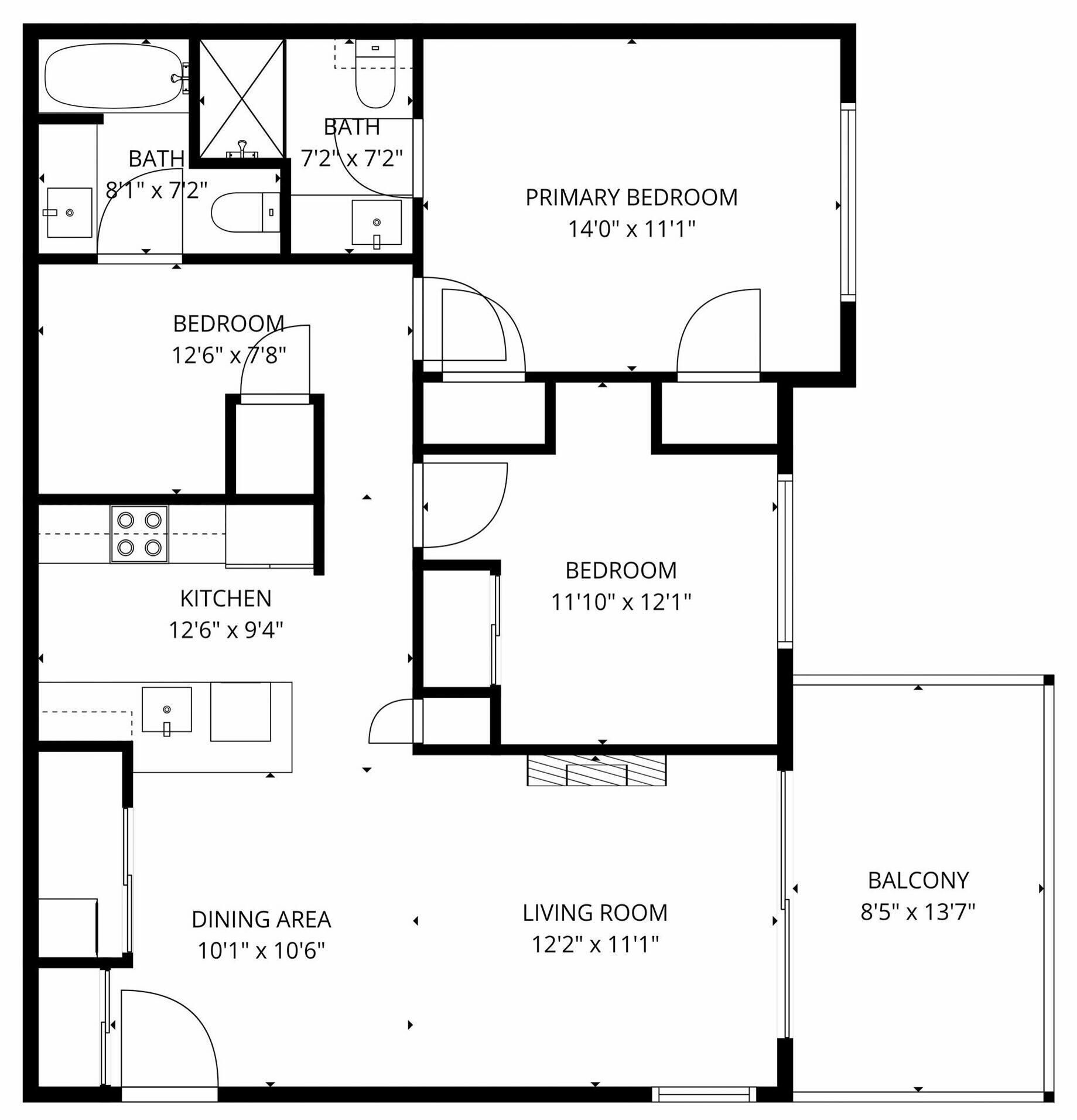 A floor plan of an apartment with a primary bedroom, two smaller bedrooms, a kitchen, a dining area, a living room, a balcony, and two bathrooms.