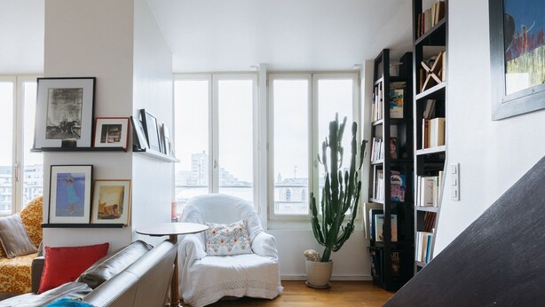 A living room with a sofa, armchair, and a cactus plant. - Le Rooftop Aux Puces - Terrasse rooftop (Saint Ouen)