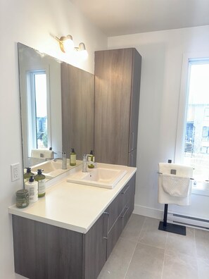 Bidê, toalhas de banho, sabonete, papel higiênico