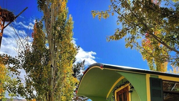 A green vintage train car with a wooden staircase leading to the entrance, surrounded by autumn foliage and a mountainous backdrop. - Salmon Gypsy Bed and Breakfast (Salmon)