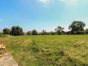 A grassy field with a wooden chair and a stone pathway.
