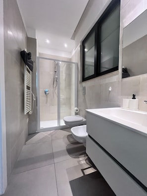 Hair dryer, towels, toilet paper