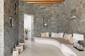 Deluxe Villa, Multiple Bedrooms, Private Pool, Sea View | Living area | 50-inch Smart TV with satellite channels, fireplace, table tennis