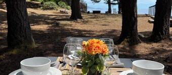 Stunning ocean view from the yard of this cozy home with balcony and fireplace