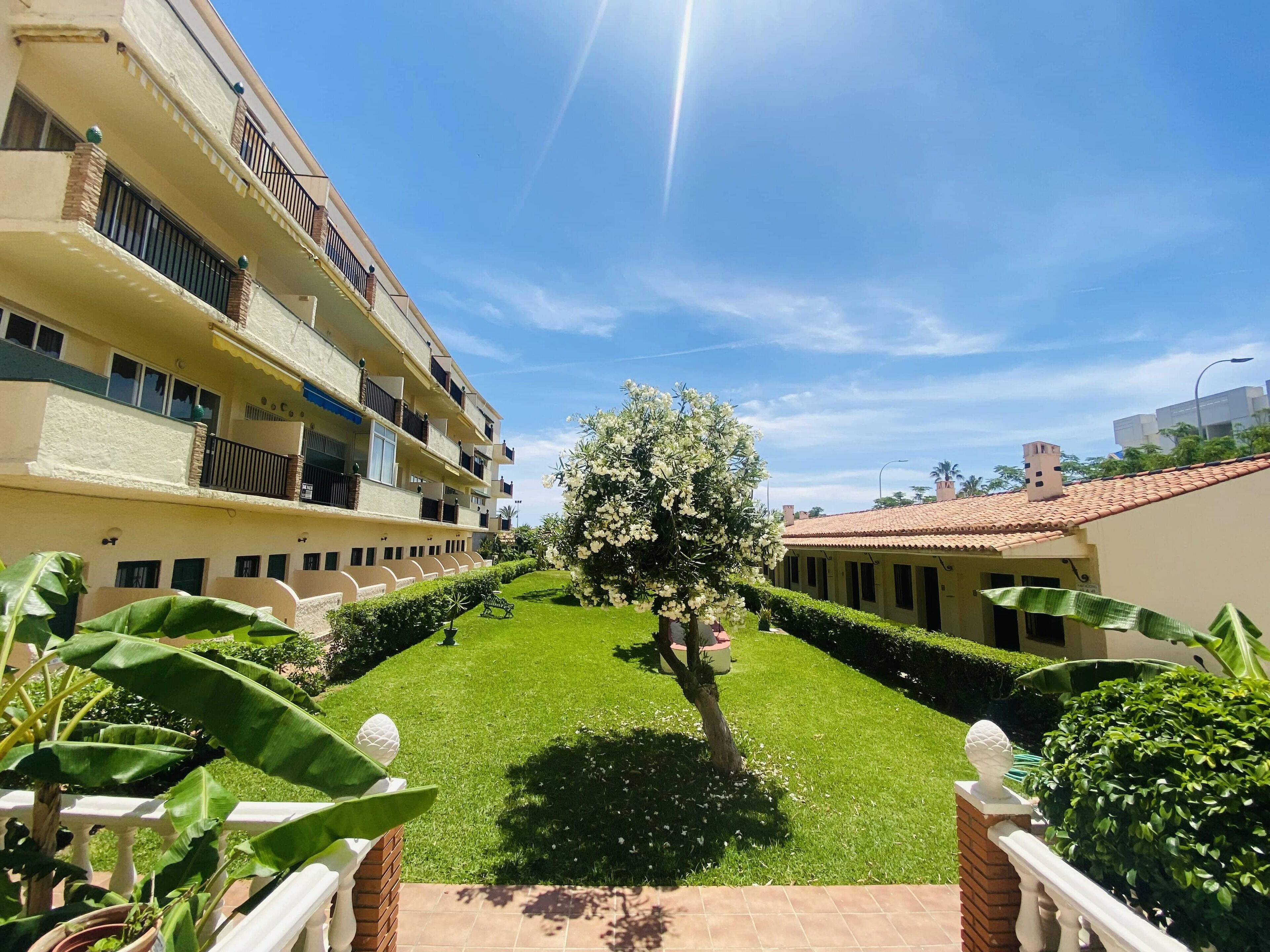Une cour intérieure avec un arbre au centre, entourée de pelouses et de haies bien entretenues, qui mène à un bâtiment doté de nombreux balcons et d’un toit recouvert de tuiles.