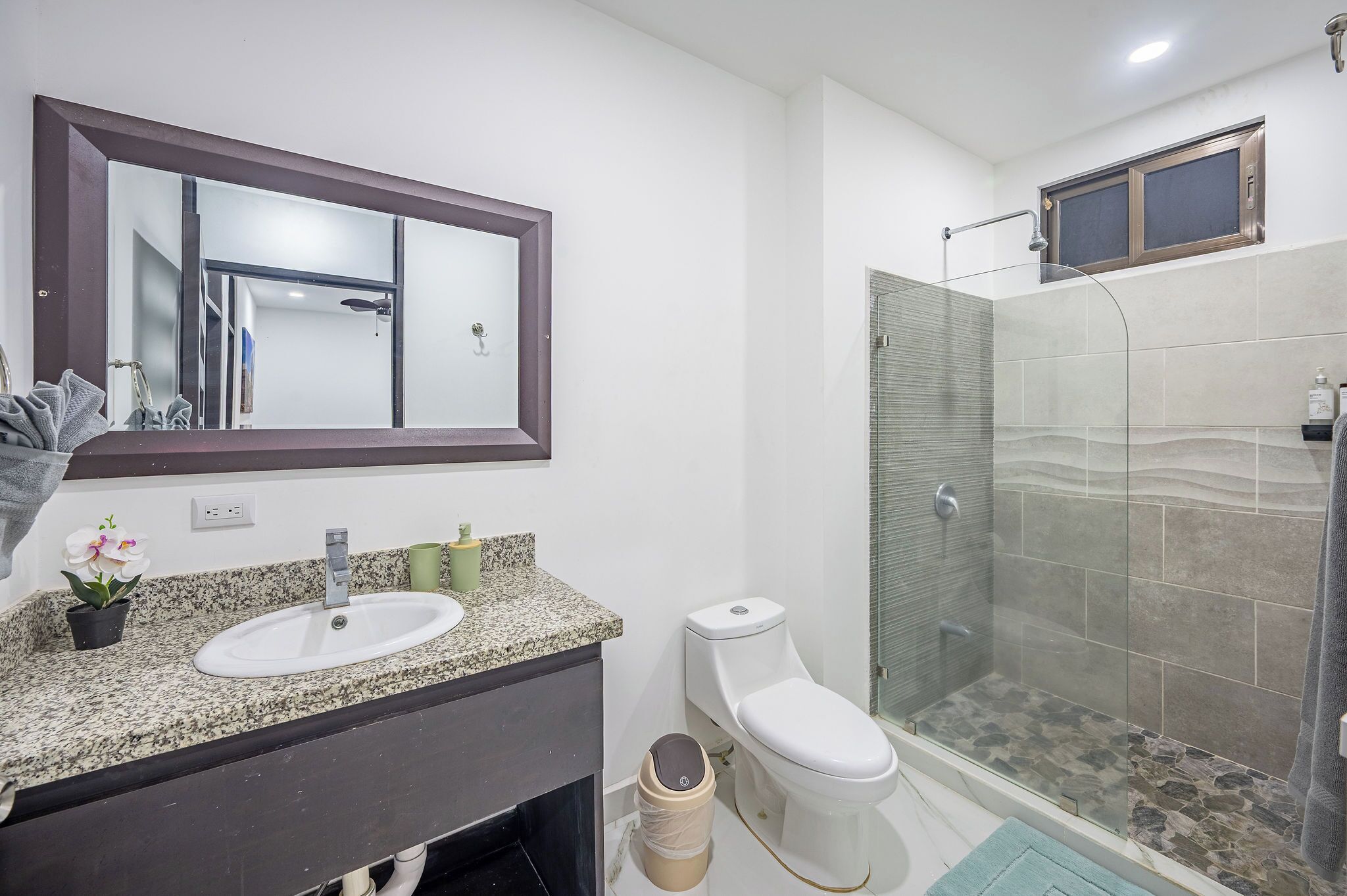 Shower, towels, soap, shampoo
