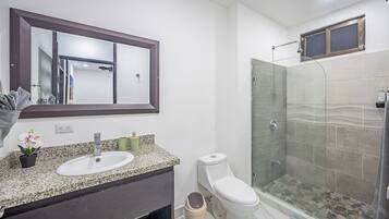 Shower, towels, soap, shampoo