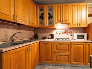 Fridge, microwave, oven, cookware/dishes/utensils
