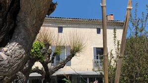 Un edificio rústico con balcón, rodeado de flores amarillas y un gran árbol.