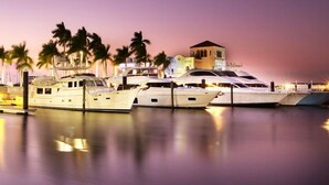 A marina with several yachts docked, palm trees, and a building with arched windows. - Swan Lake Inn - Waterfront Oasis • Firepit • BBQ (New Port Richey)