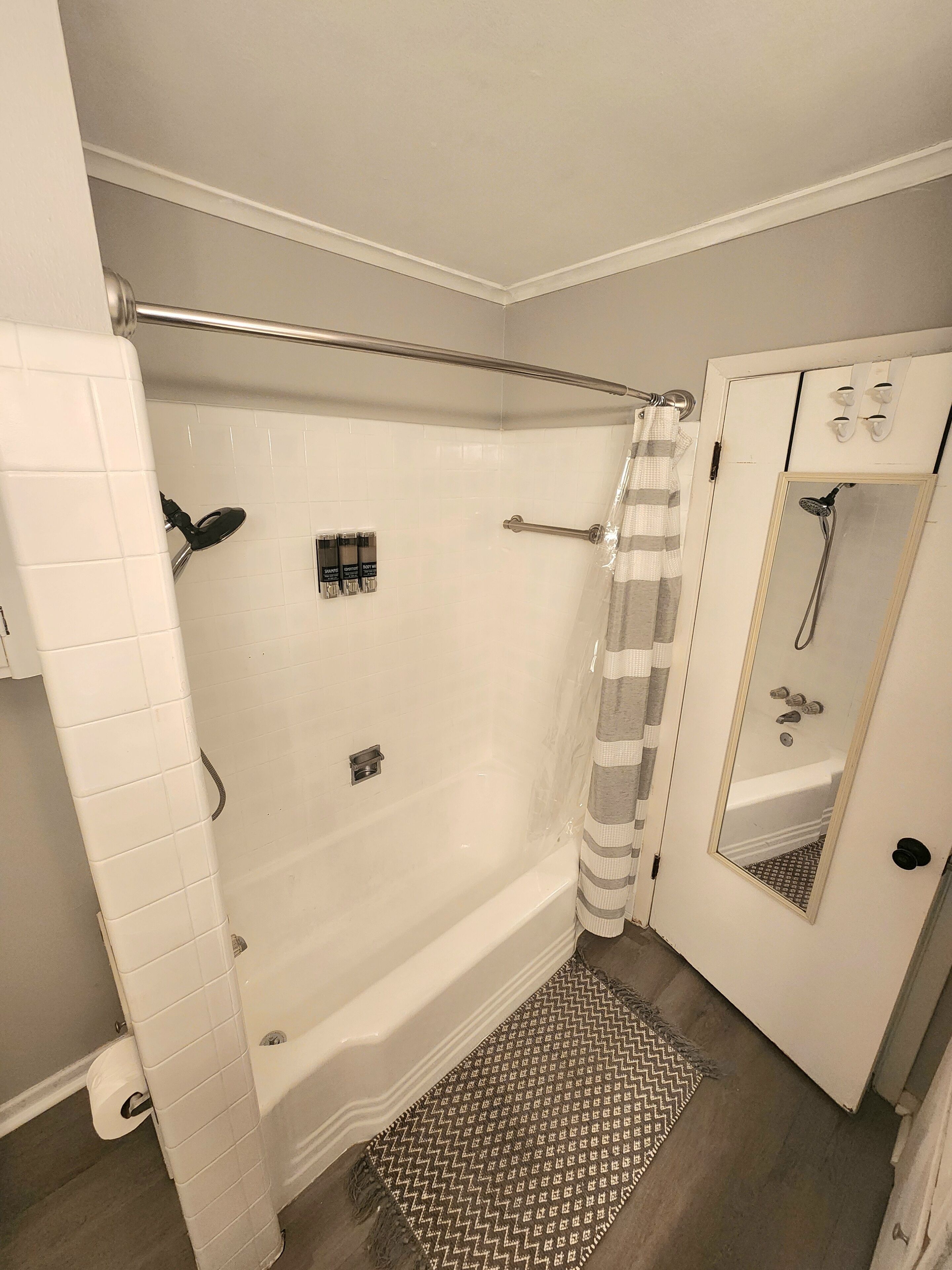 Hair dryer, towels, soap, shampoo