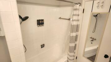 Hair dryer, towels, soap, shampoo