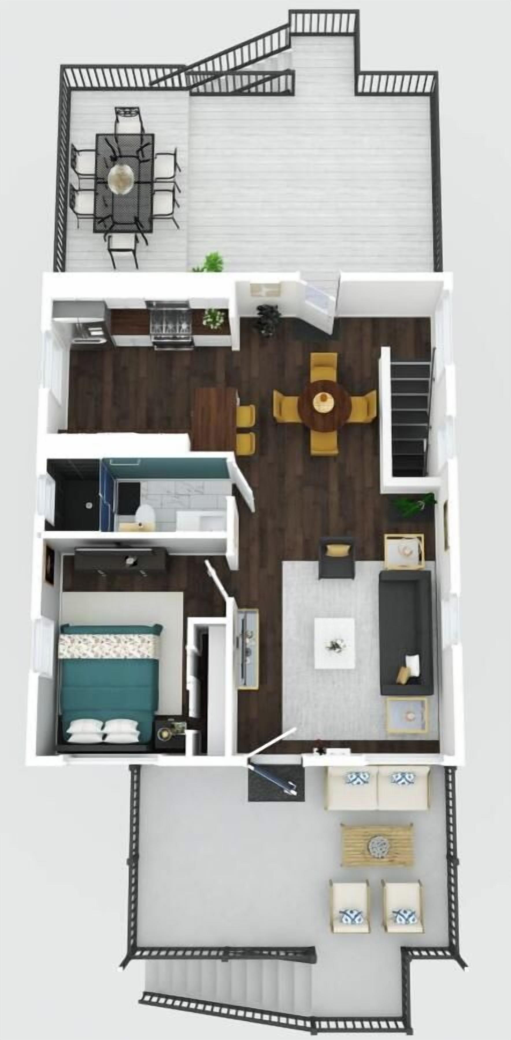 A 2-story apartment layout with a dining area, kitchen, living room, and two bedrooms.