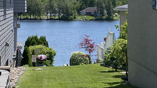 A residential area with a view of a lake, houses, and a well-maintained lawn. - Newton Lake (Carbondale)