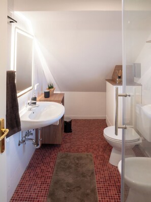 A modern bathroom with a white sink, a toilet, and a shower area. - Idyllic apartment on the Ritten - peace, nature & views of the Dolomites. Mobilcard incl. (Trentino-Alto Adige)