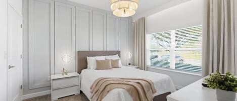 A bedroom with a bed, bedside tables, a nightstand, a window with blinds, and a ceiling light fixture.