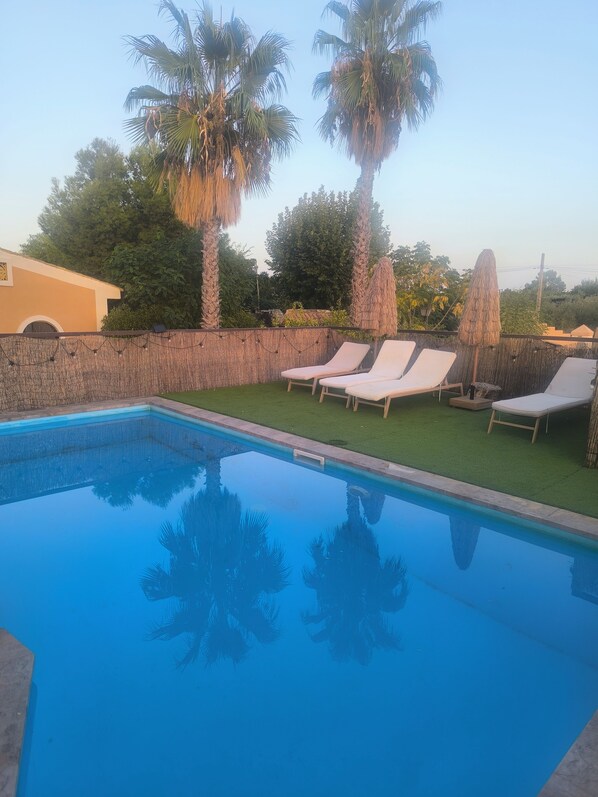 A swimming pool with lounge chairs and palm trees.