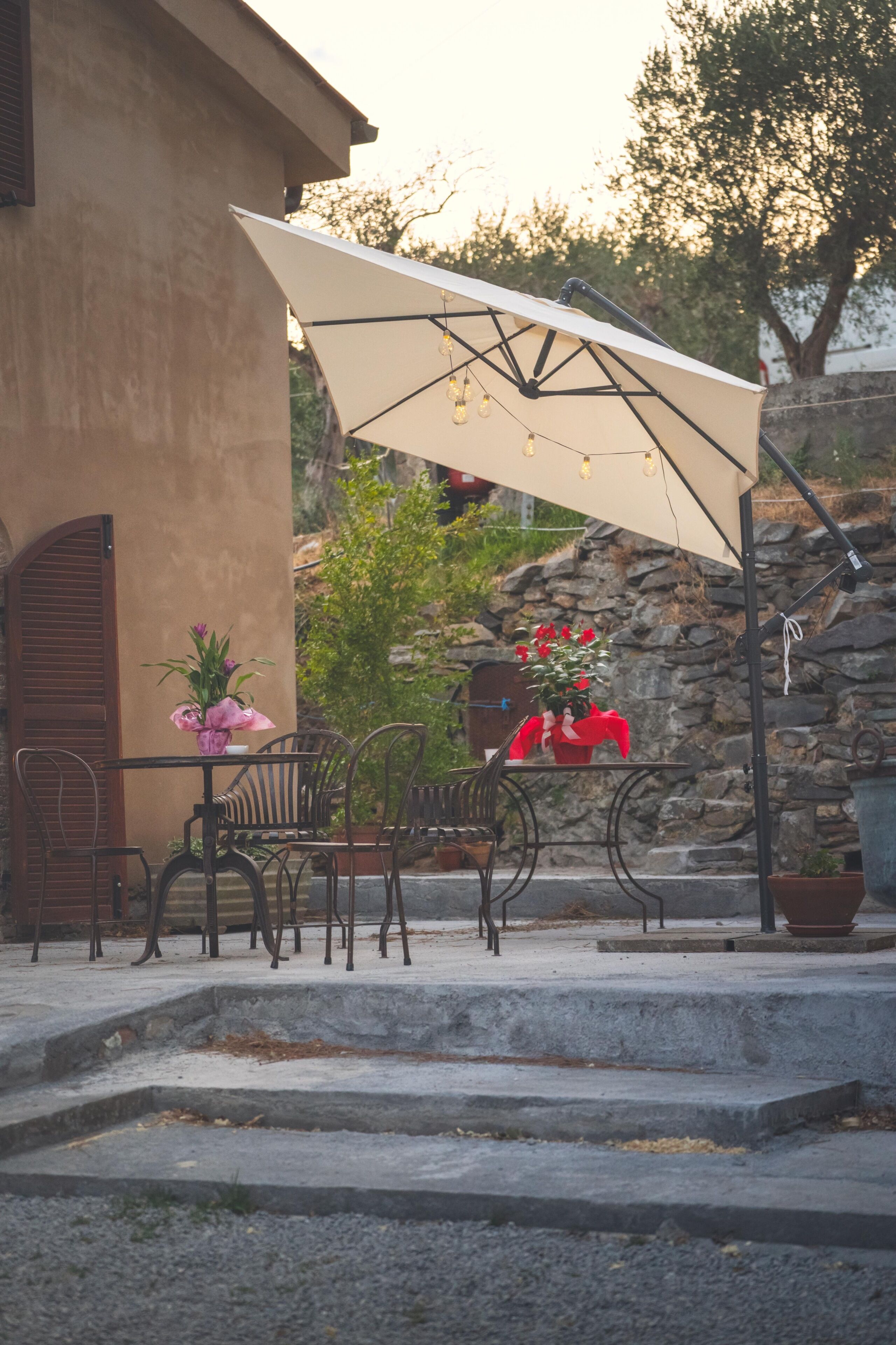 An outdoor seating area with a table and chairs, a large umbrella, and potted plants.