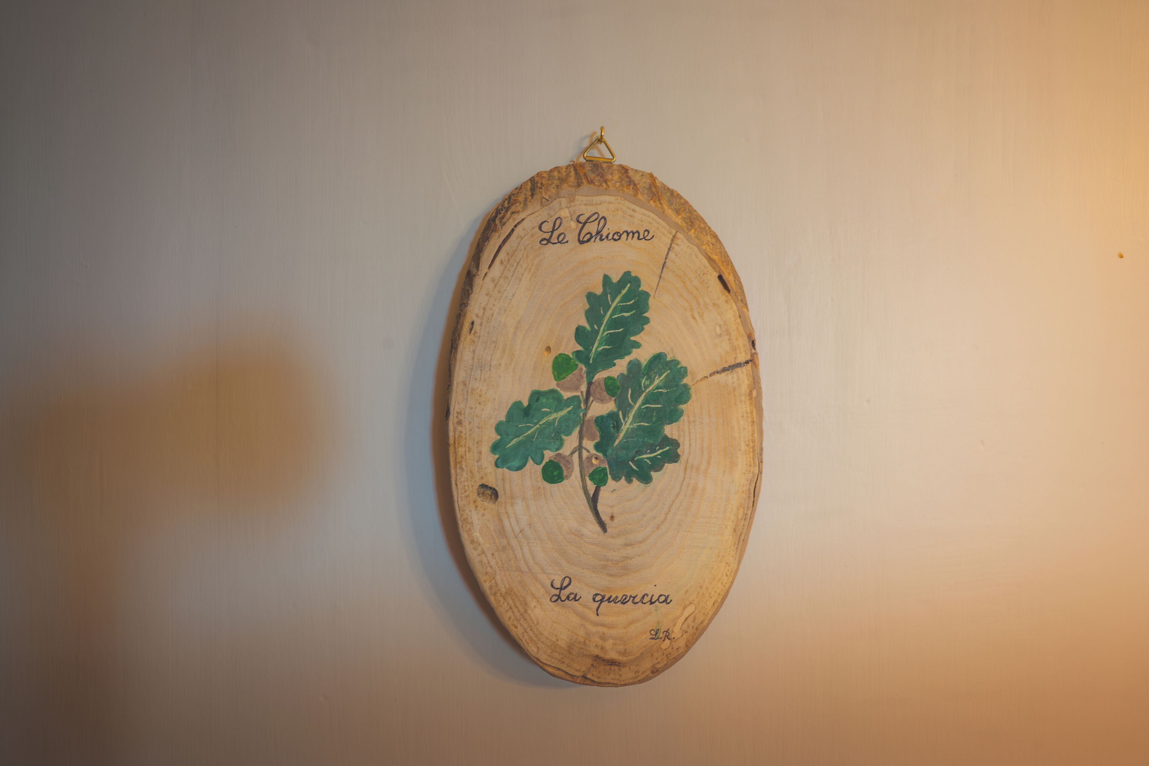 Eine Holzscheibe mit Blatt und Schriftzug, die an einer Wand angebracht ist.