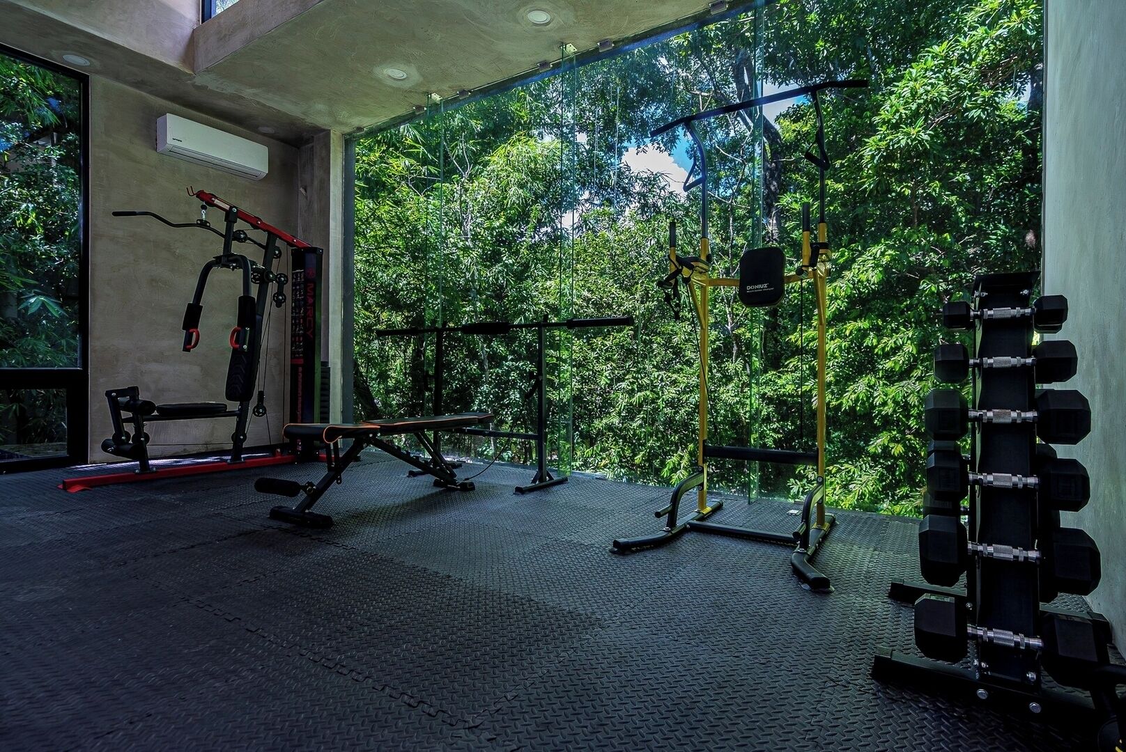 A gym with various exercise equipment, including a bench, squat rack, and dumbbells, with a view of lush greenery outside.