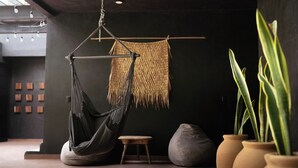 A modern room with a hanging hammock, a small wooden stool, a large bean bag, and potted plants. - Design Luxury Villa, 3 Pools, Rooftop, Near Beach (Tulum)