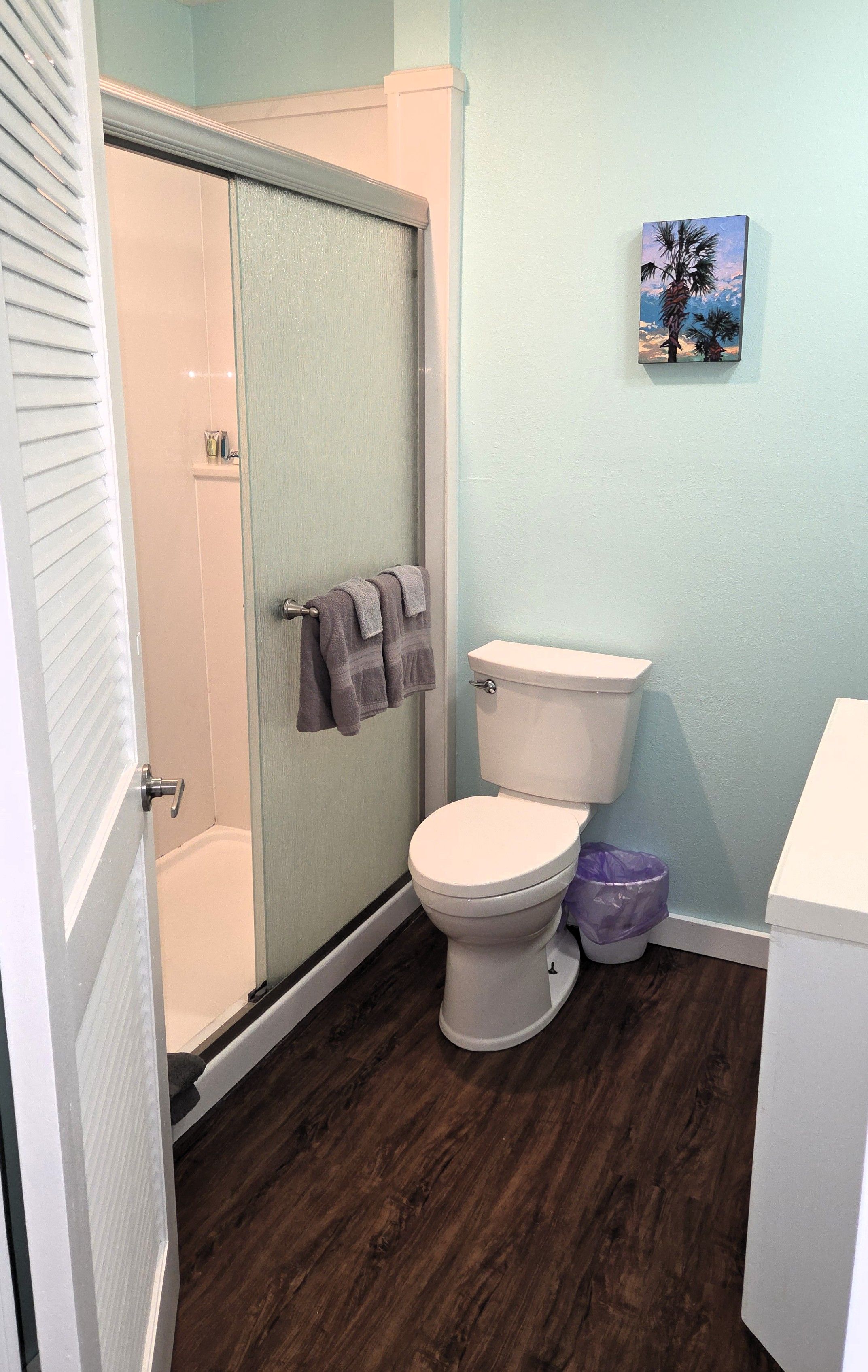 A bathroom with a shower, toilet, and a painting on the wall.