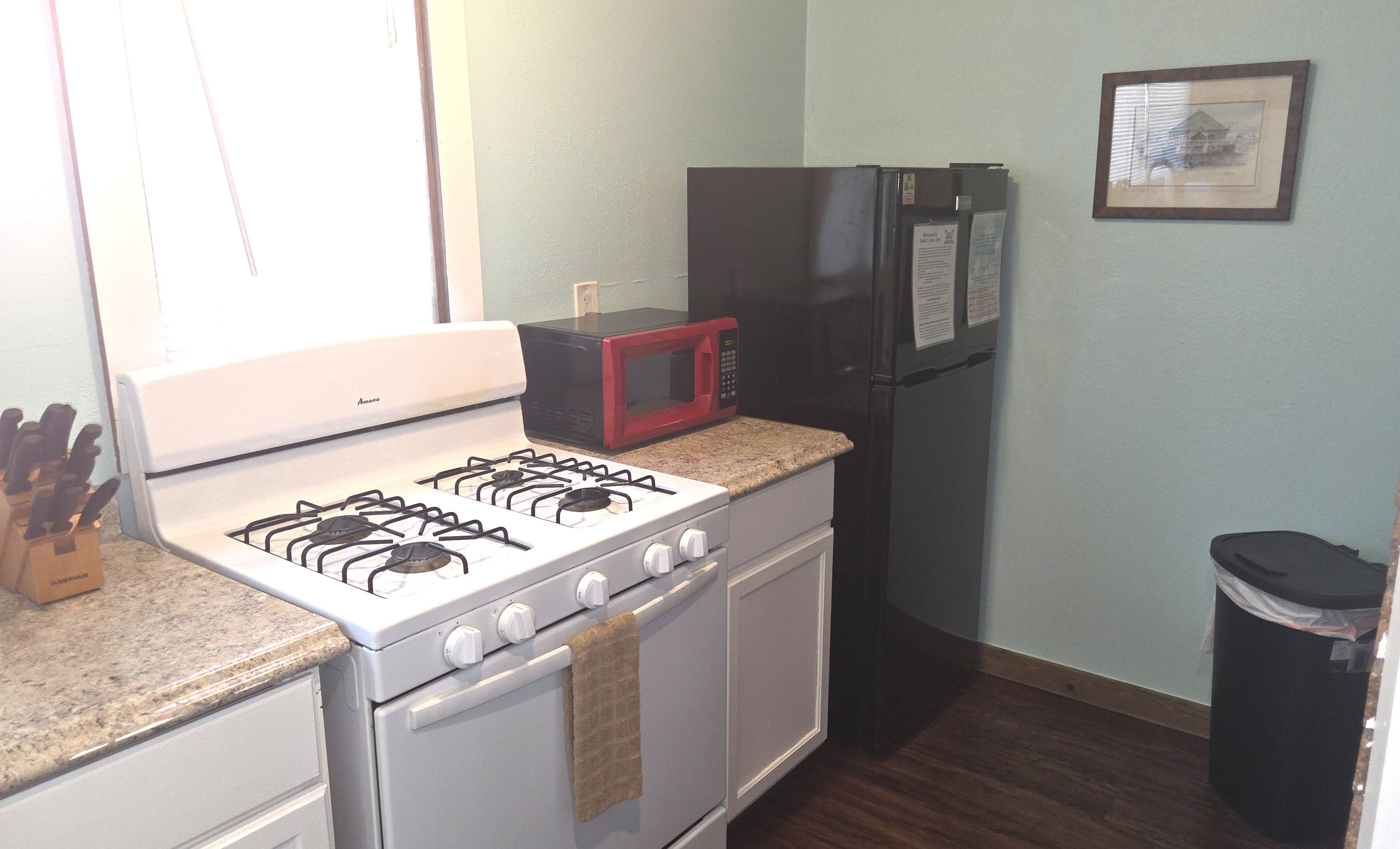 Una cocina con estufa, microondas, refrigerador y un bote de basura.