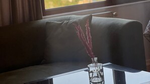 A room with a sofa and a table, a window with curtains, and a view of buildings outside.