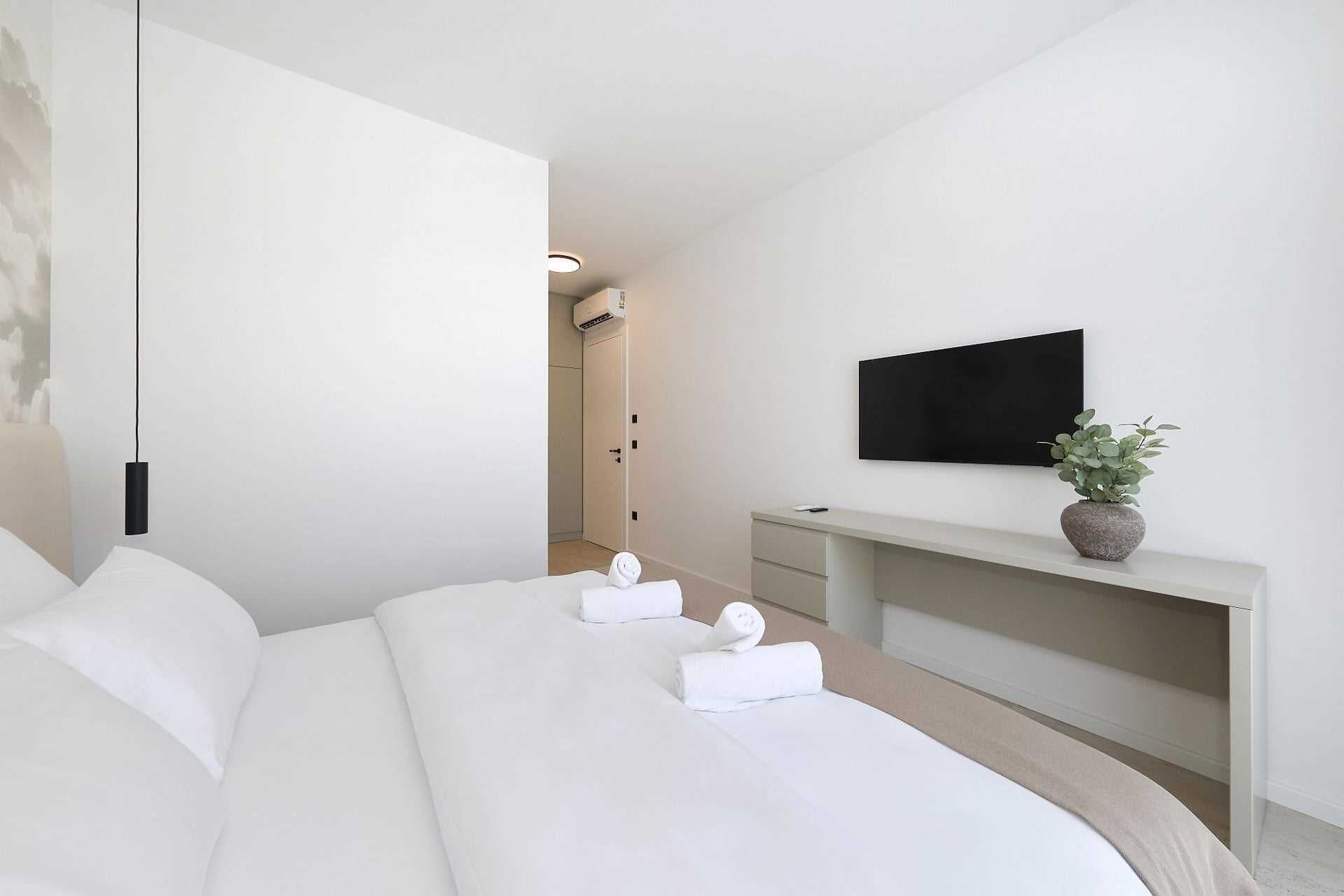 A modern hotel room with a large bed, a TV mounted on the wall, and a small plant on a console table.
