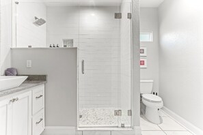 Hair dryer, towels, soap, toilet paper