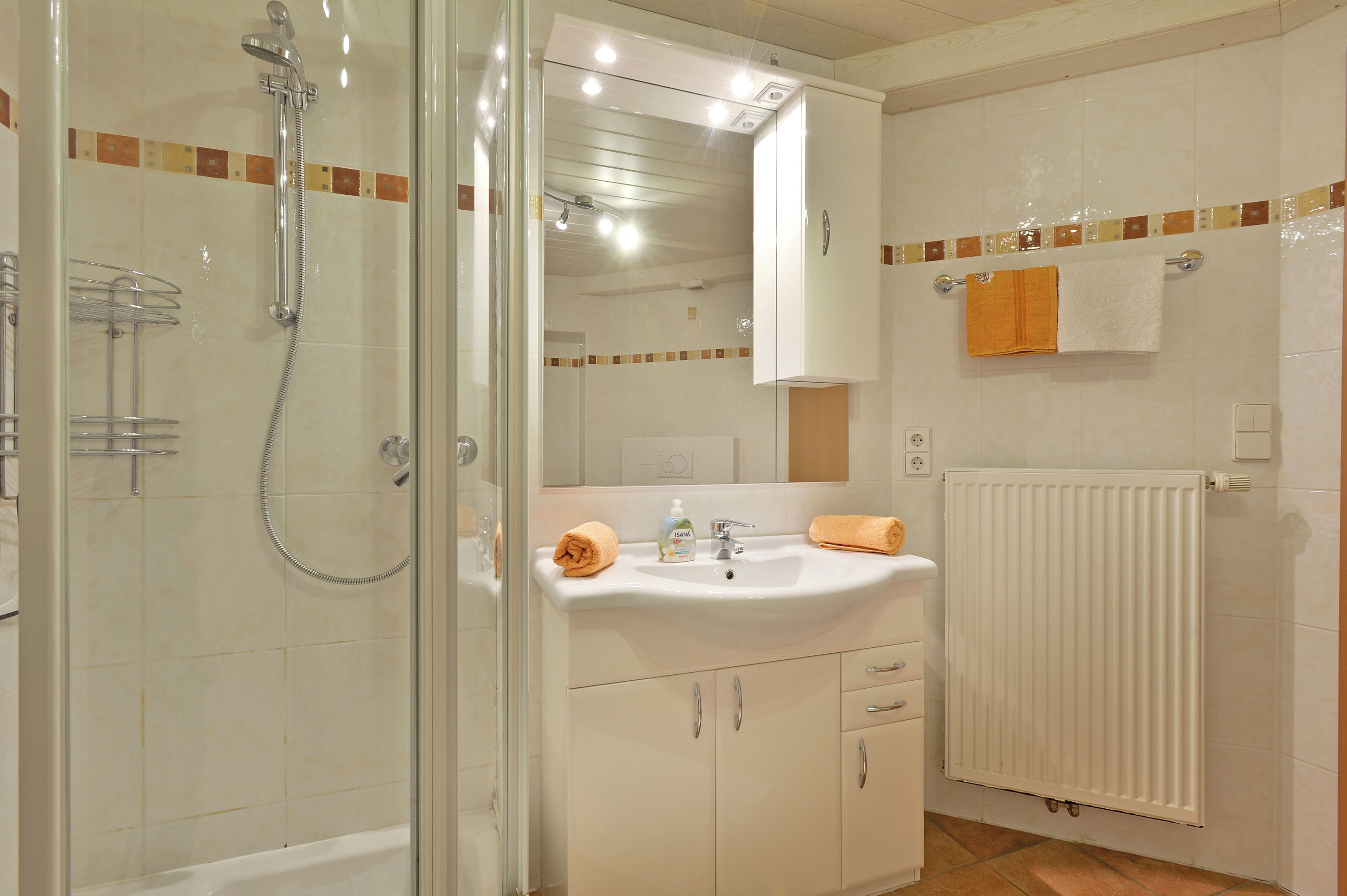 Dusche, Haartrockner, Handtücher, Seife